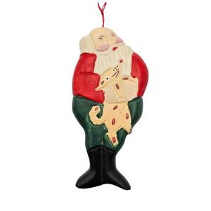 Wooden Hand Carved Asian Santa Claus Christmas Hanging Ornament 5.5" Tall